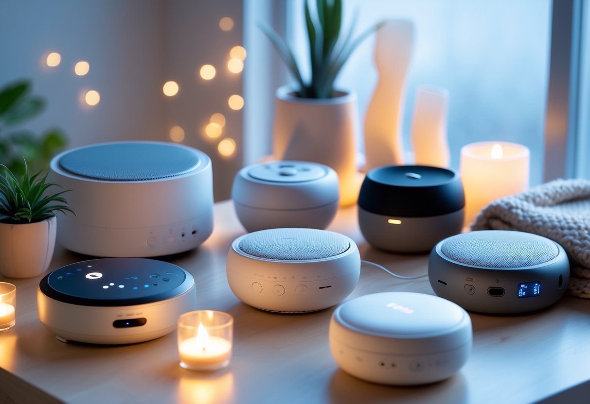 A collection of sound therapy devices arranged on a wooden surface with relaxing elements like a plant, blanket, and candle nearby.