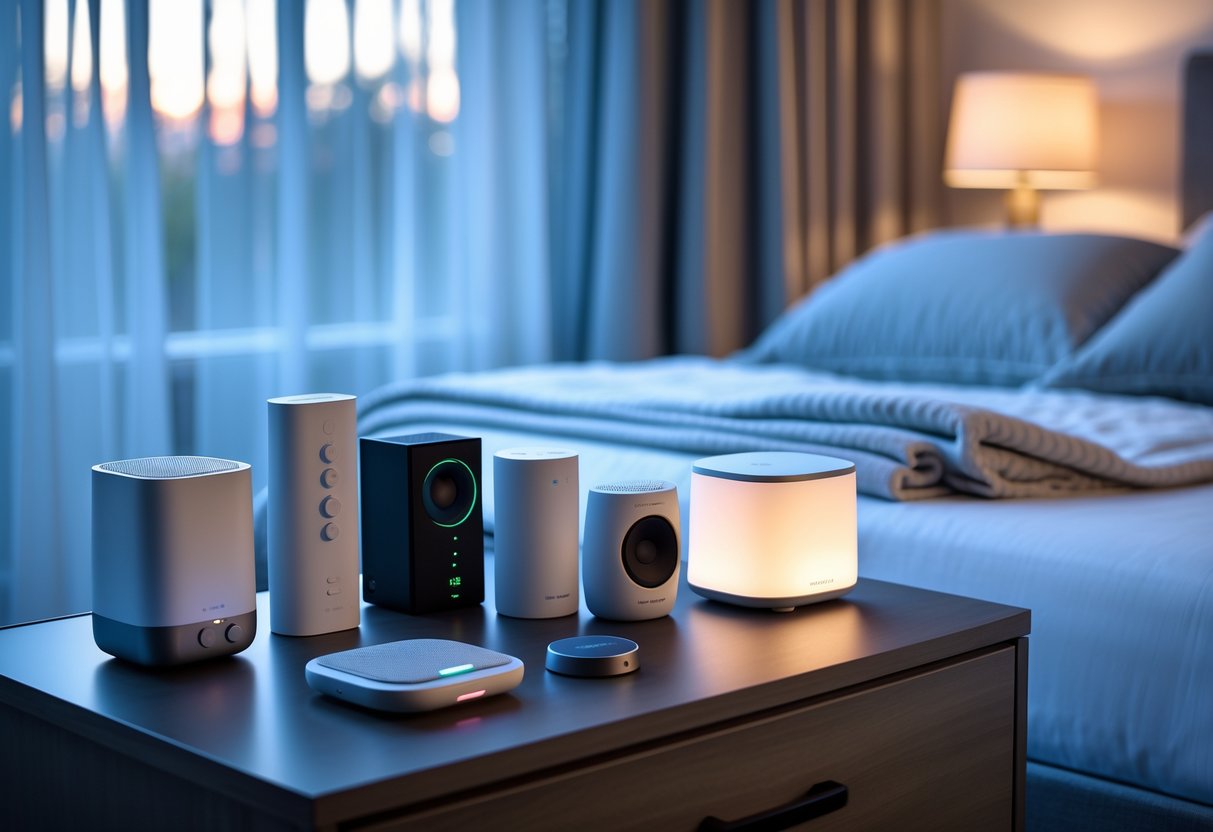A peaceful bedroom with a bed and nightstand displaying various sound therapy devices for relaxation and sleep.
