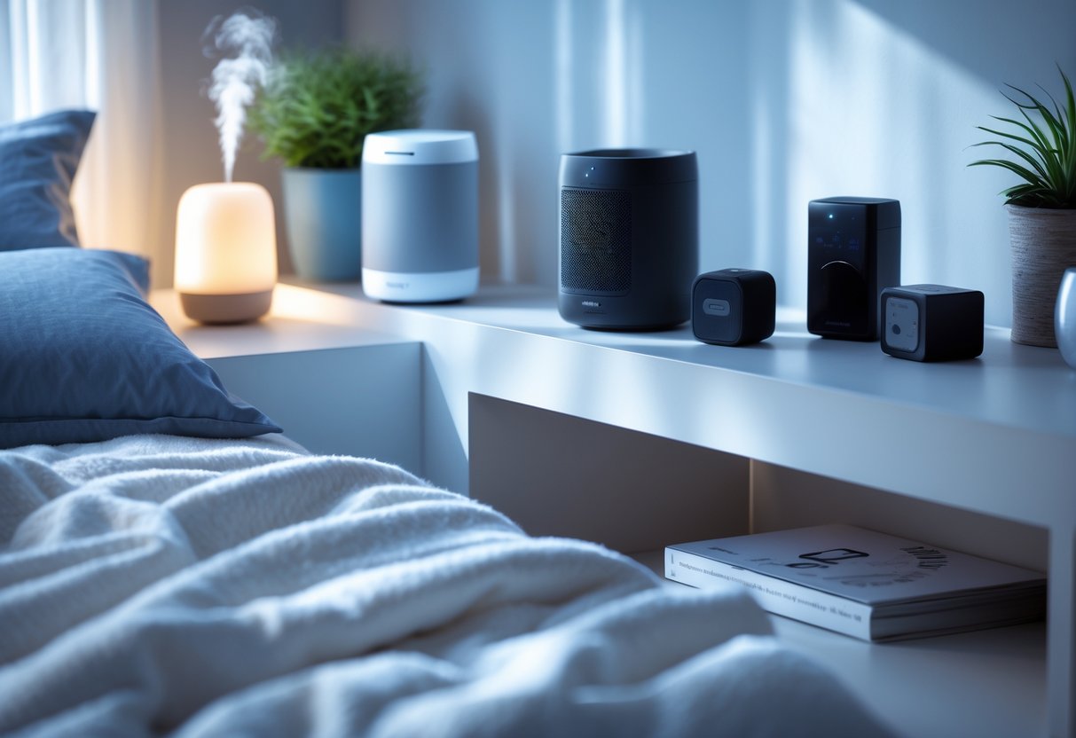 A calm bedroom scene with various sound therapy devices placed on a bedside table near a comfortable bed, surrounded by soft lighting and natural elements.