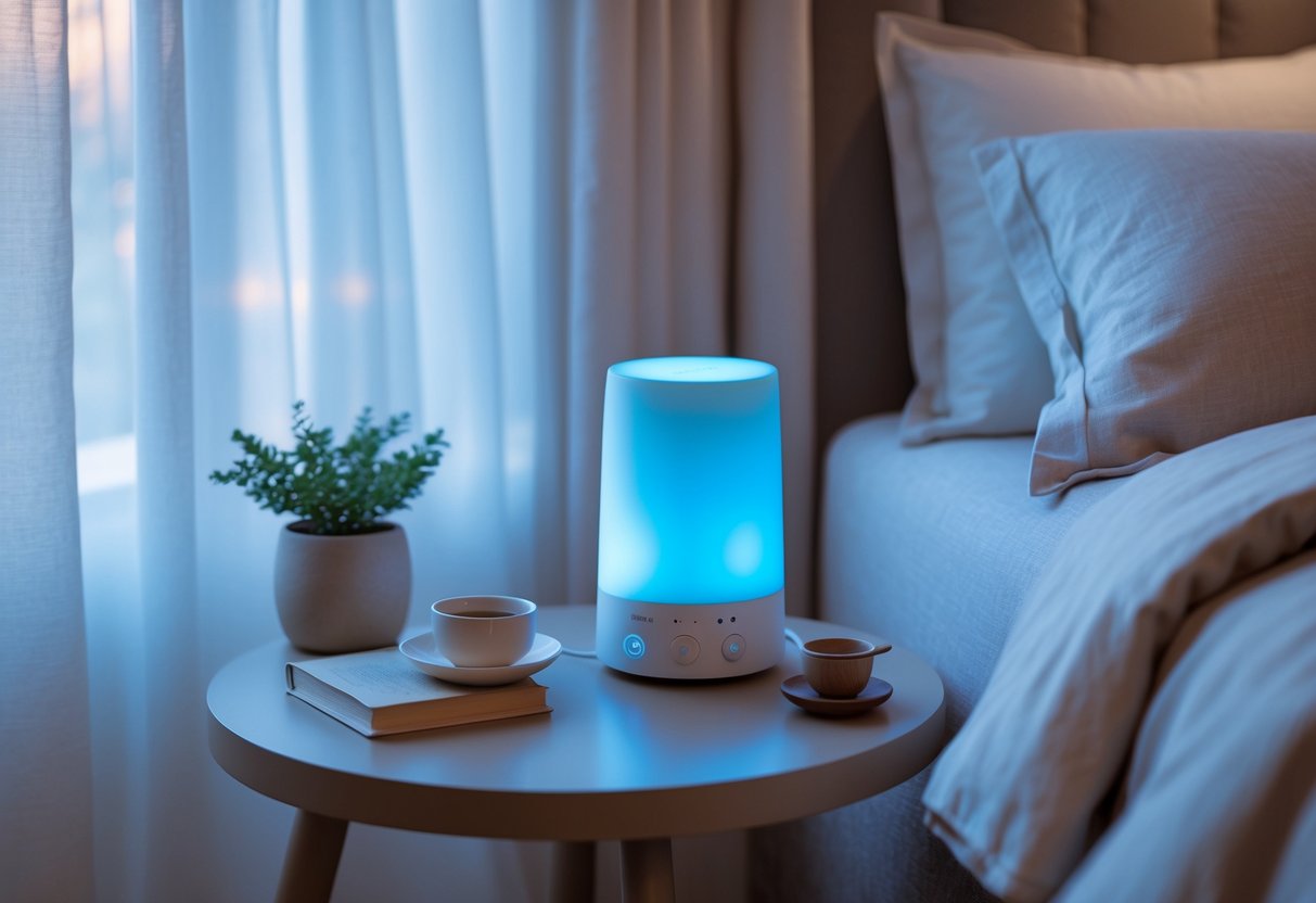 A bedside table with a modern sound therapy device glowing softly next to a neatly made bed in a calm, sunlit bedroom.